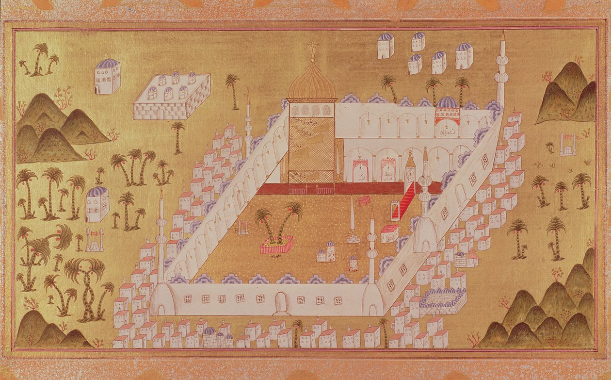 MS 447 Utsikt över Medina och profeten Muhammeds moské (ogenomskinliga pigment på papper) av Ottoman School