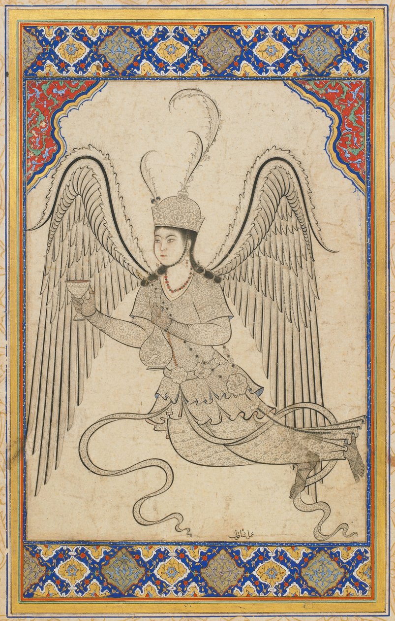 Ängel, flygande, med kopp och vinflaska (bläck, färgtvätt och guld på papper) av Ottoman School