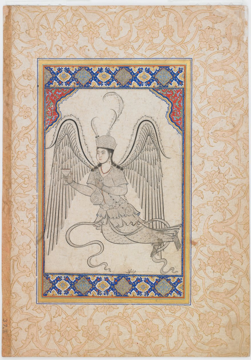 Ängel, flygande, med kopp och vinflaska (bläck, färgtvätt och guld på papper) av Ottoman School