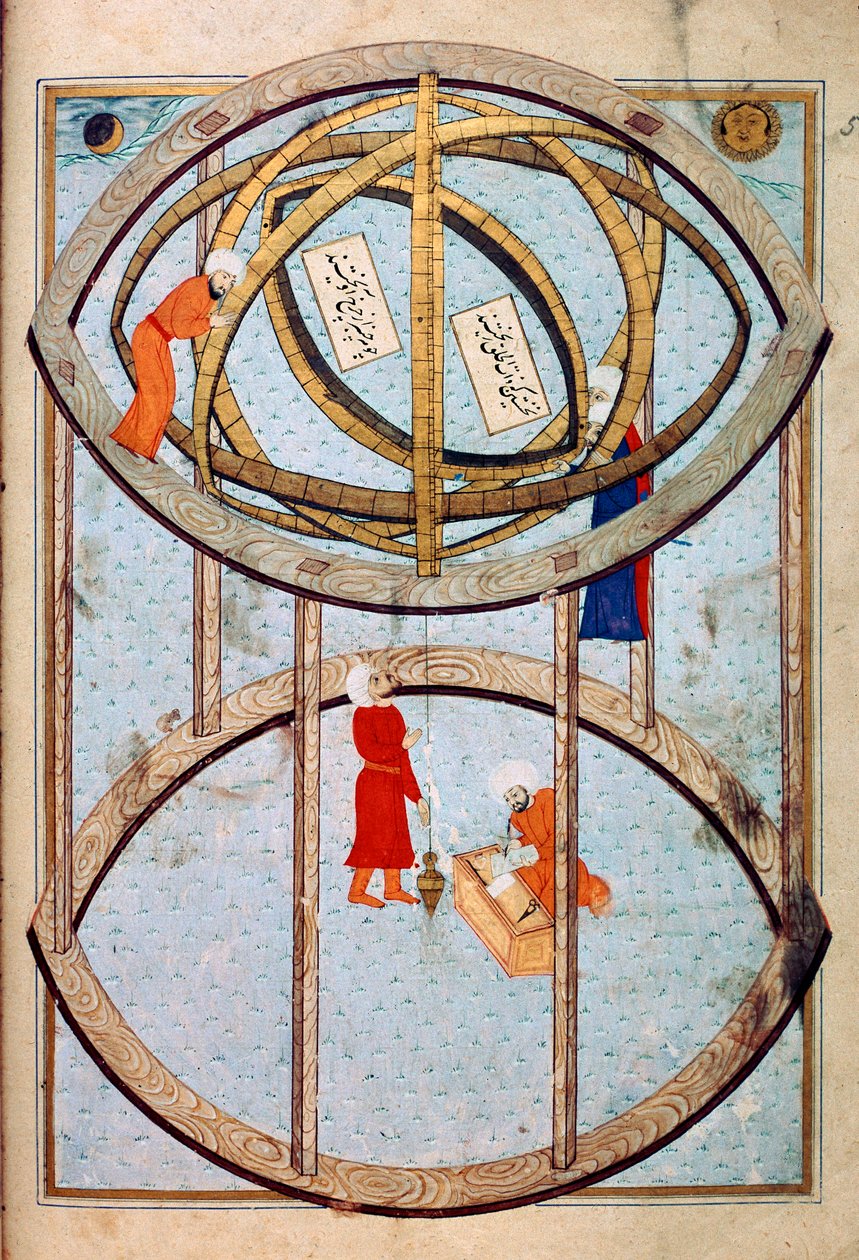Astronomer manipulerar en enorm armillarsfär och verktyg för att mäta longitud och latitud Miniatyr från manuskriptet ms. FY 1404 "" Sehinsahname"" (eller Shahinshah-nama eller Shahinshah-nameh, Shahinshah nama eller Shahinshah nameh) "Berättelsen om kunge av Ottoman School