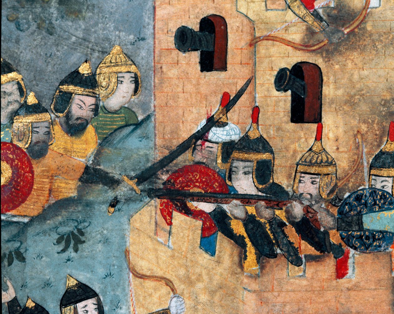 Stridsscen mellan den osmanska armén Murad III (1546-1595) (vänster) och försvararna av en stark detalj-tartar. Codex miniatyr R-1296. 1500-talet Topkapi Sarayi Museum Library Istanbul av Ottoman School
