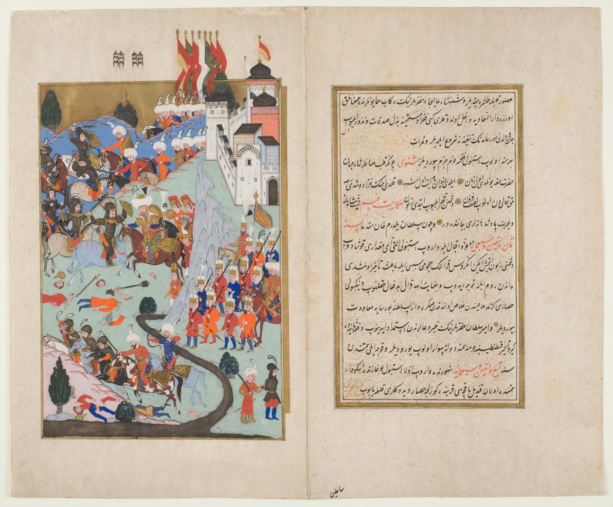 Bayezid I, The Thunderbolt, förskjuter korsfararna i slaget vid Nicopolis, från Hunernama (ogenomskinlig wc och bläck på papper) av Ottoman School