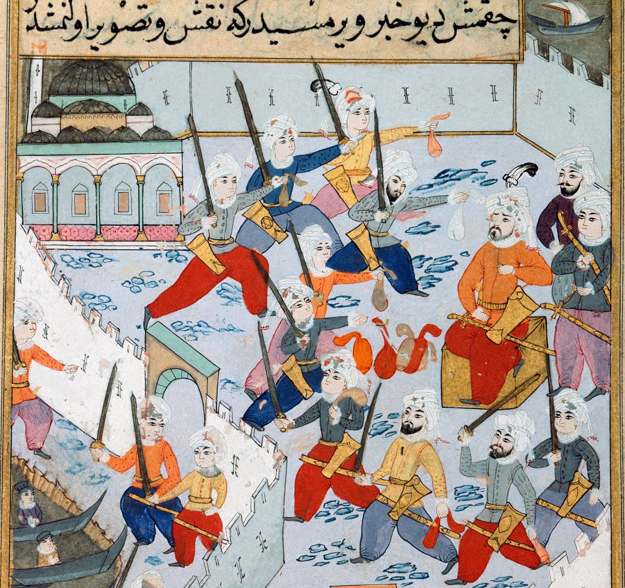 Erövring av Konstantinopel: armén av den ottomanske sultanen Mehmet II (Mehmed II erövraren eller Muhammad II Fatih) (1430-1481) i Gyllene hornet belägrade staden Konstantinopel 1453. Miniatyr från 1400-talet. Topkapi Sarayi Museum Library Istanbul av Ottoman School