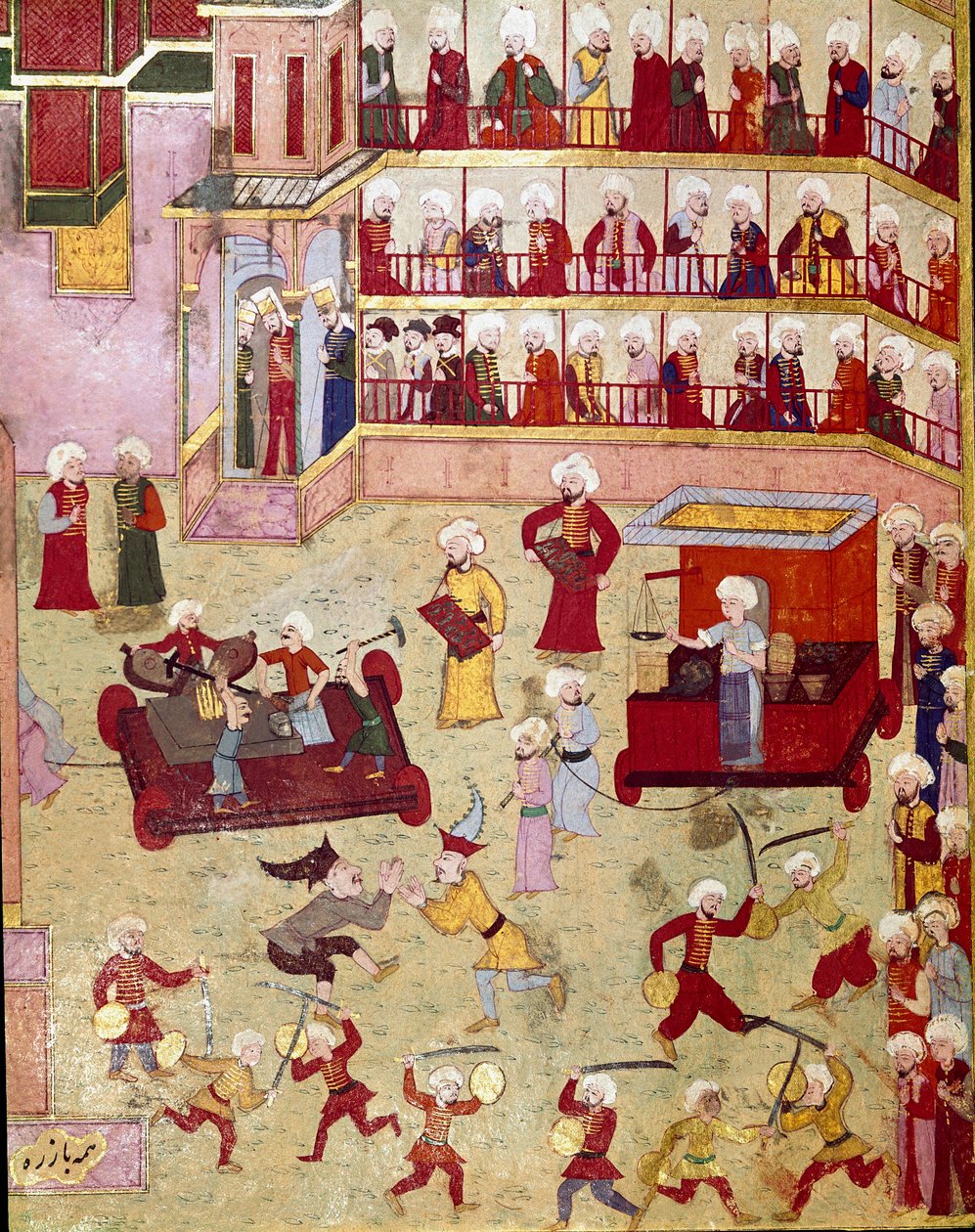 Festligheter anordnade med anledning av omskärelsen av sonen till den osmanske sultanen Murad II (Murat) (1404-1451), jonglörer, akrobater och guldsmed kom för att presentera prover på miniatyr från 1500-talets Istanbul, Topkapi Sarayi Museum Library av Ottoman School