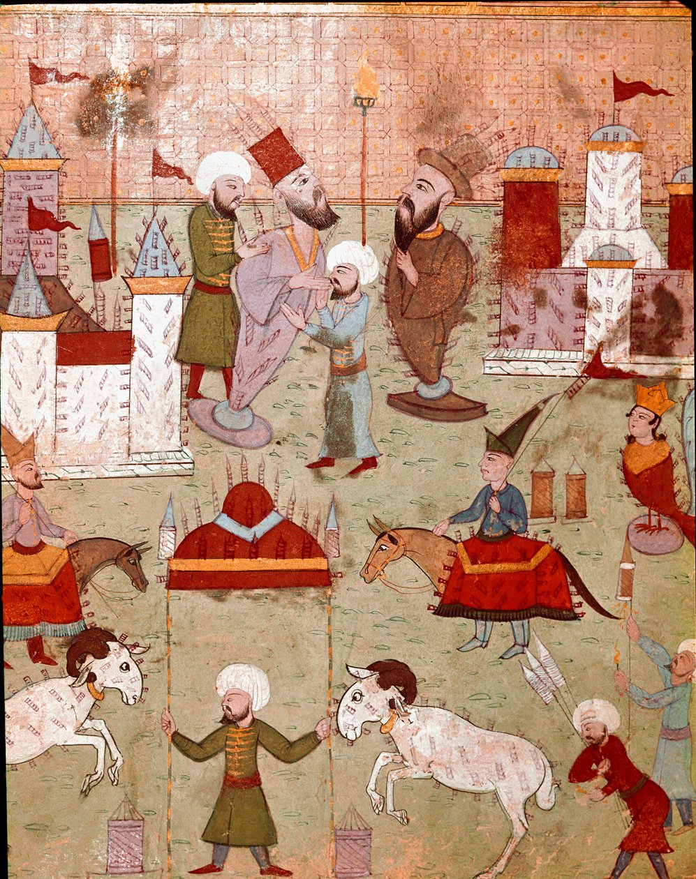 Festligheter anordnade med anledning av omskärelsen av sonen till den osmanske sultanen Murad II (Murat) (1404-1451), förberedelse av fyrverkerier Miniatyr av Istanbul från 1500-talet, Topkapi Sarayi Museum Library av Ottoman School