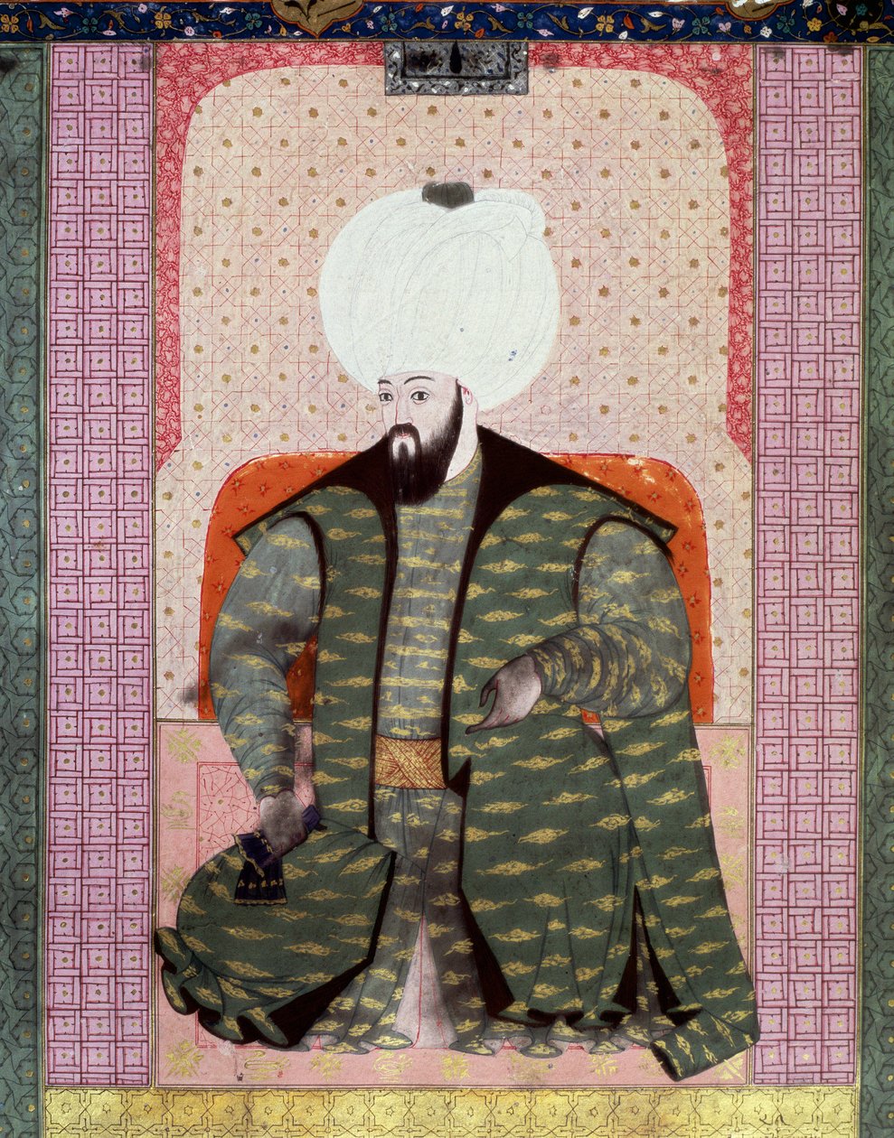 Osmanska riket: "" Porträtt av den ottomanska sultanen Bajazed (Bayezid, Bajazet, Bayazid) II den rättvise (1447-1512)"" Miniatyr från manuskriptet (Ms. 1973, folio 62a) "" Zubdat al Tawarikh" (Zubdat al Tawarikh) (Creme of Stories) av historikern Seyid Lo av Ottoman School