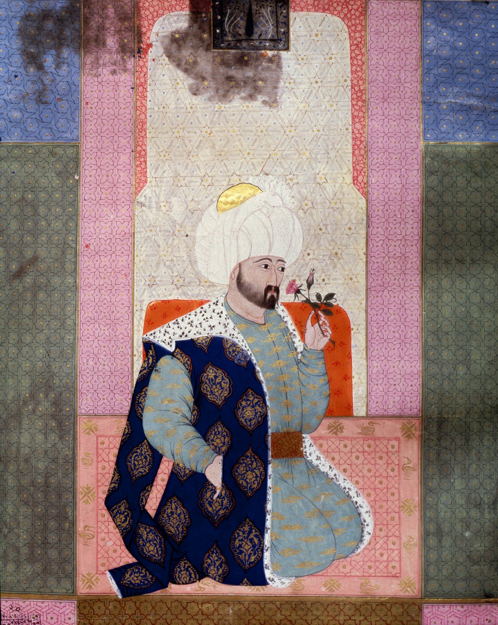 Osmanska riket: "" Porträtt av den ottomanska sultanen Mehmet (eller Mehmed eller Mohammed) Celebi I (1389-1421)"" Miniatyr från manuskriptet (Ms. 1973, folio 62a) "" Zubdat al Tawarikh" (Zubdat al Tawarikh) (Creme) of Stories) av historikern Seyyid Loqman av Ottoman School