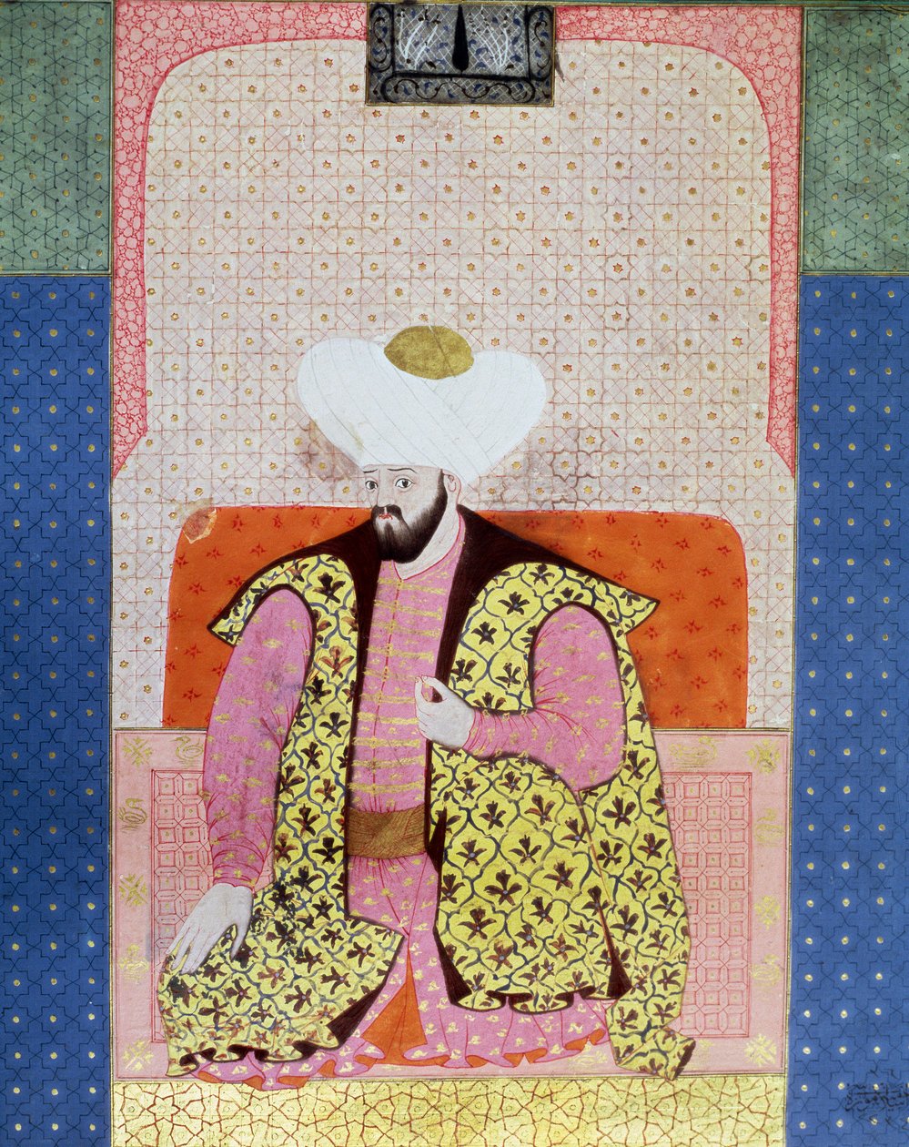 Osmanska riket: "" Porträtt av den ottomanska sultanen Murad II (Murat) (1404-1451)"" Miniatyr från manuskriptet (Ms. 1973, folio 62a) "" Zubdatat-al Tawarikh"" (Zubdat al Tawarikh) (Creme of Stories) ) av historikern Seyyyid Loqman Ashuri 1538. Turkisk oc av Ottoman School