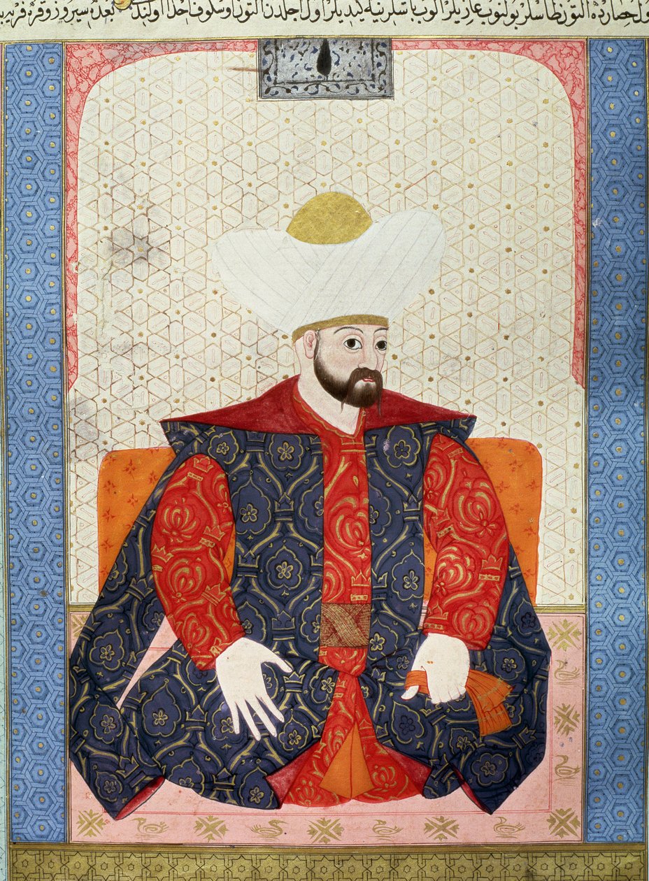 Osmanska riket: "" Porträtt av den ottomanske sultanen Murad I (1326-1389)"" Miniatyr från manuskriptet (Ms. 1973, folio 62a) "" Zubdatat-al-Tawarikh"" (Zubdat al-Tawarikh) (Creme of Stories) av historikern Seyyid Loqman Ashuri 1538. Turkiskt och islamiskt av Ottoman School