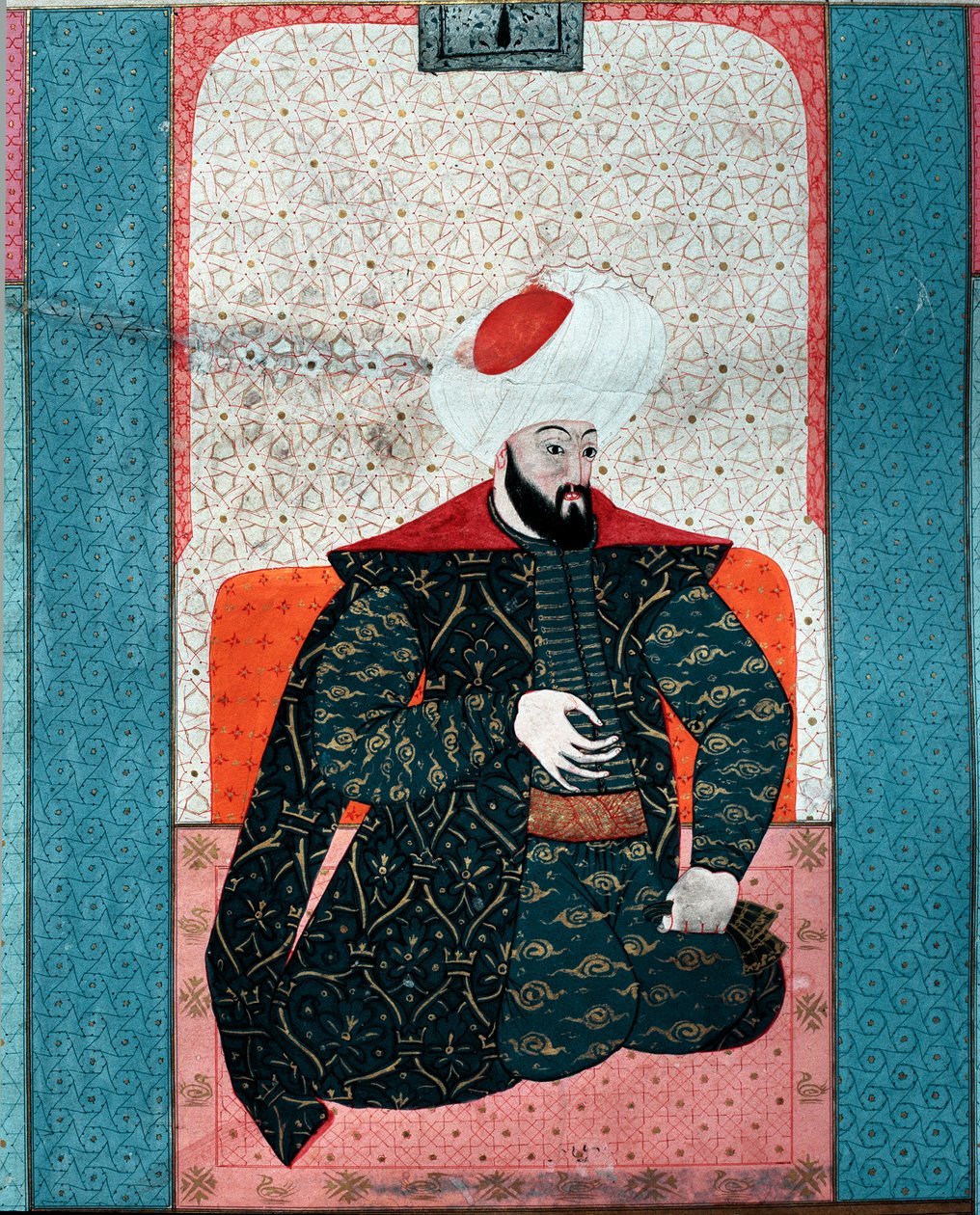 Osmanska riket: "" Porträtt av Sultan Othman I (Othman Gazi rahimahu llah) (1258-1326)"" Miniatyr från "Zubdat al Tawarikh"" (Ms. 1973, fol. 59a) av Seyyyd Lokman Ashuri 1583-Islamic Istanbul, turkiska Konstmuseum av Ottoman School