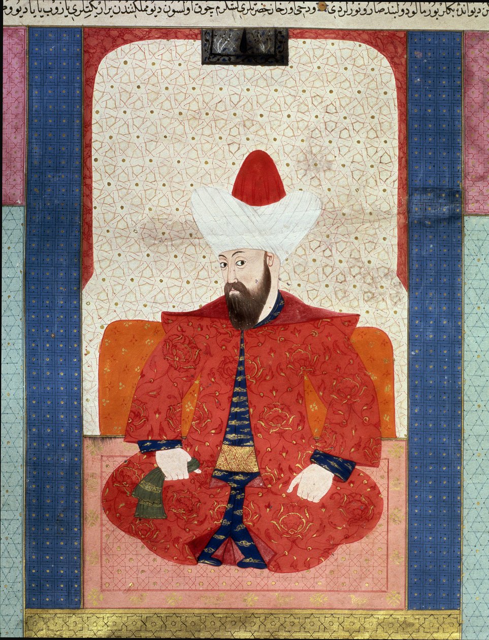Osmanska riket: "" Porträtt av sultanen av det osmanska riket Orhan (Orkhan eller Urchan) I (1281-1360)"" Miniatyr från "" Zubdat al Tawarikh"" (Ms. 1973, fol. 59b) av Seyyyd Lokman Ashuri 1583 Istanbul, turkisk-islamiskt konstmuseum av Ottoman School