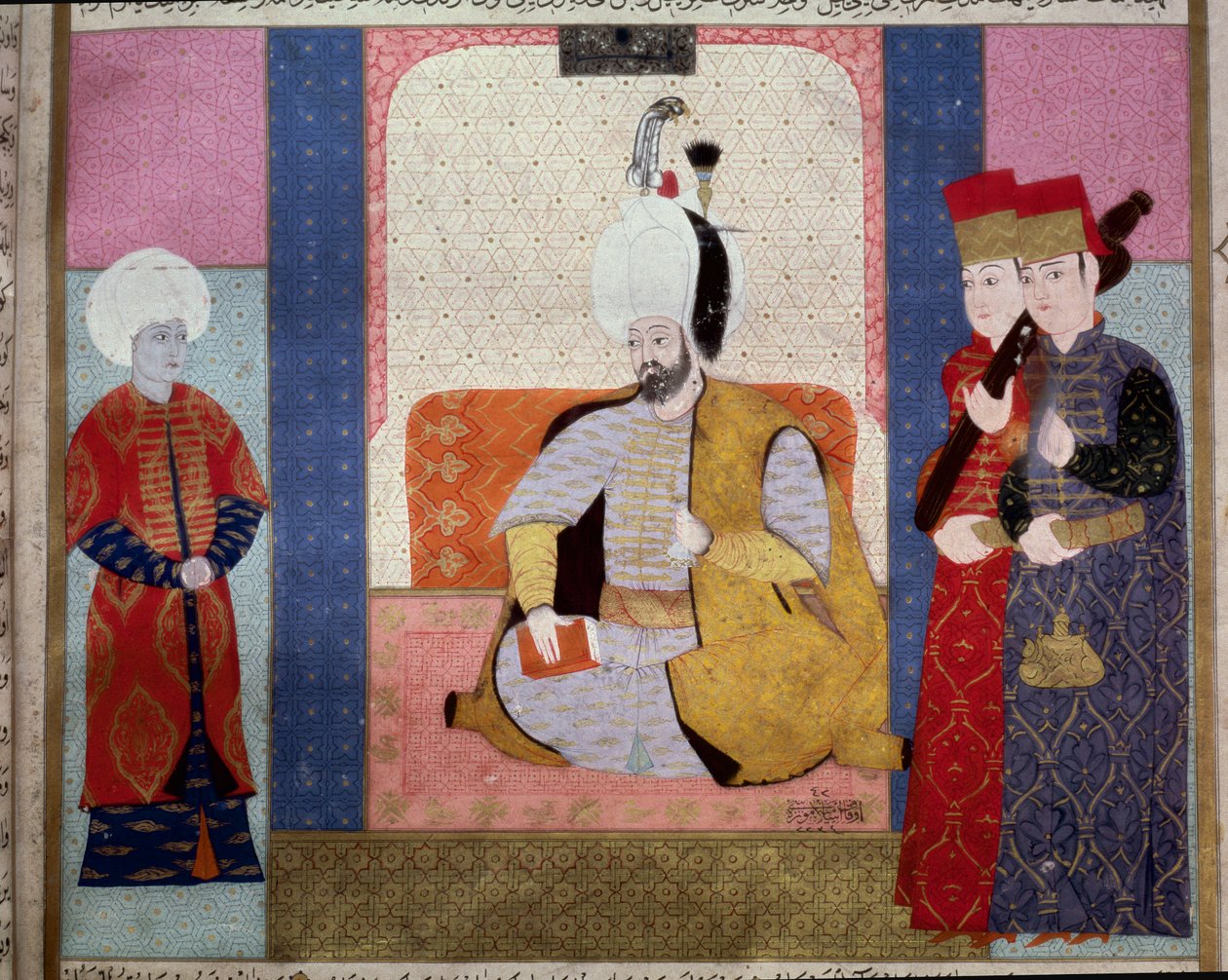 Osmanska riket: "" Sultan Murad III (1546-1595) omger hovmän""" Miniatyr från "Zubdat al Tawarikh"" (Ms. 1973, fol. 59b) av Seyyd Lokman Ashuri 1583 Istanbul, Turkish-Islamic Art Museum av Ottoman School