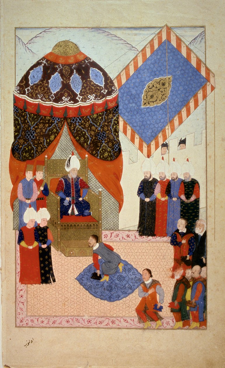 Osmanska riket: Sultan Soliman (Suleyman) I said the Magnificent (1520-1566) surrounds courtesans”” Miniatyr hämtad från “” Nuzhet el-Esrar el-Ahbar der Sefer-i Sigetvar”” (Nuzhet el Estrar el Ahbar der Sefer i Sigetvar) ) (Krönikor om Szis kampanjer av Ottoman School