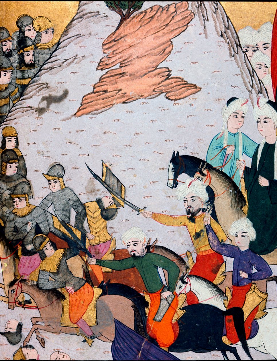 Osmanska riket: sammandrabbningar mellan armén av Sultan Bayezid I (Bajazet) (1360-cirka 1402) mot den fransk-ungerska alliansen under slaget vid Nicopolis den 25/09/1396. 1400-tals miniatyr. Topkapi Sarayi Museum Library Istanbul av Ottoman School