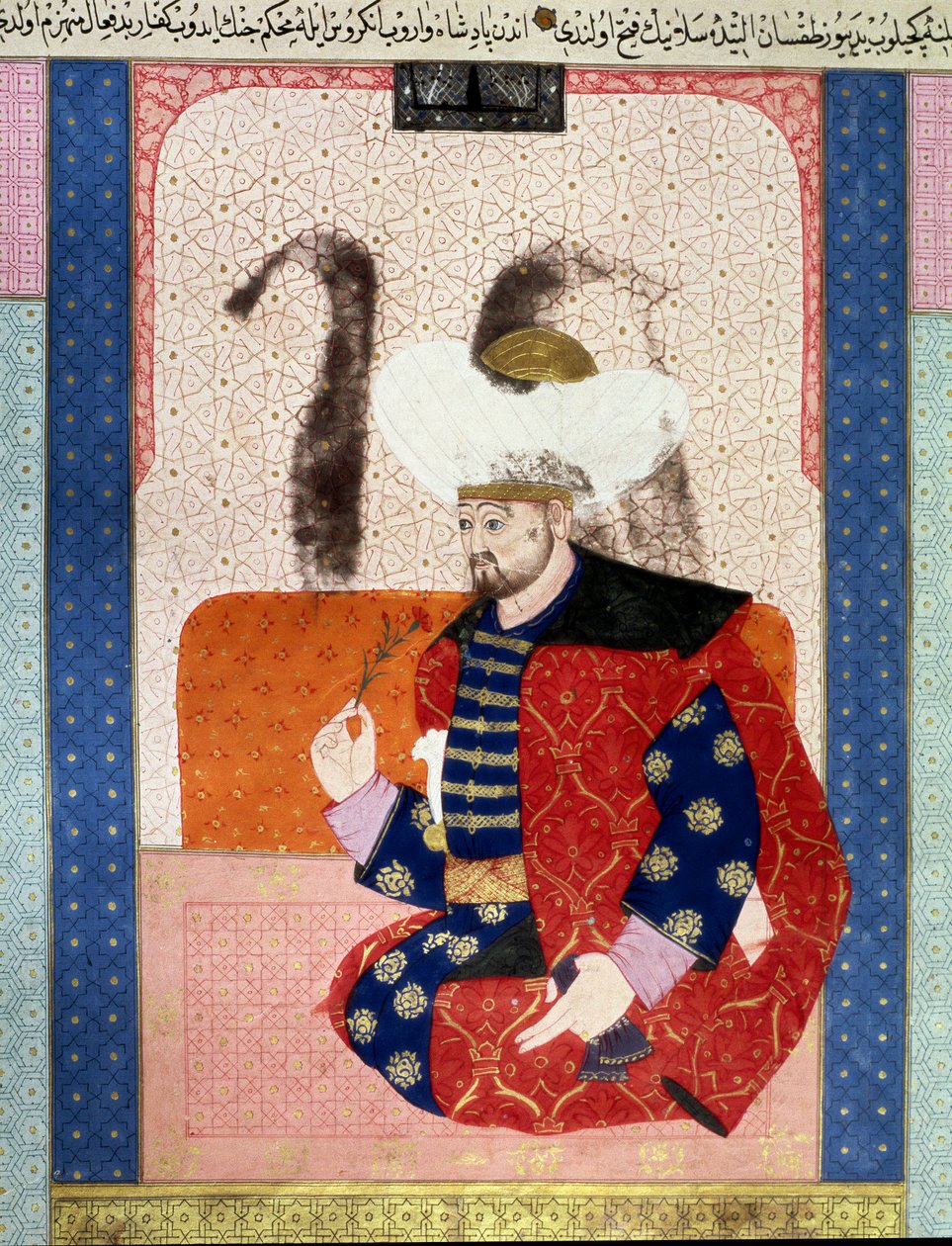 Osmanska riket: porträtt av Bayazid I (Bajazet I) (cirka 1354-1403) känt som Yildirim (Lightning)”” Miniatyr från manuskriptet (Ms. 1973, folio 62a) “” Zubdatat-al-Tawarikh” (Zubdat al-Tawarikh) ) (Creme of Stories) av historikern Seyyid Loqman Ashuri 1538 av Ottoman School