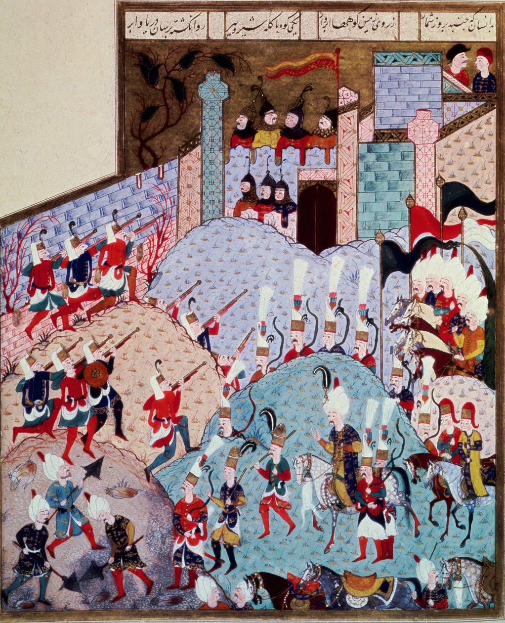 Osmanska riket: representation av Sultan Soliman (Suleyman) Jag sa den magnifika (1520-1566) och hans armé attackerar en befäst stad 