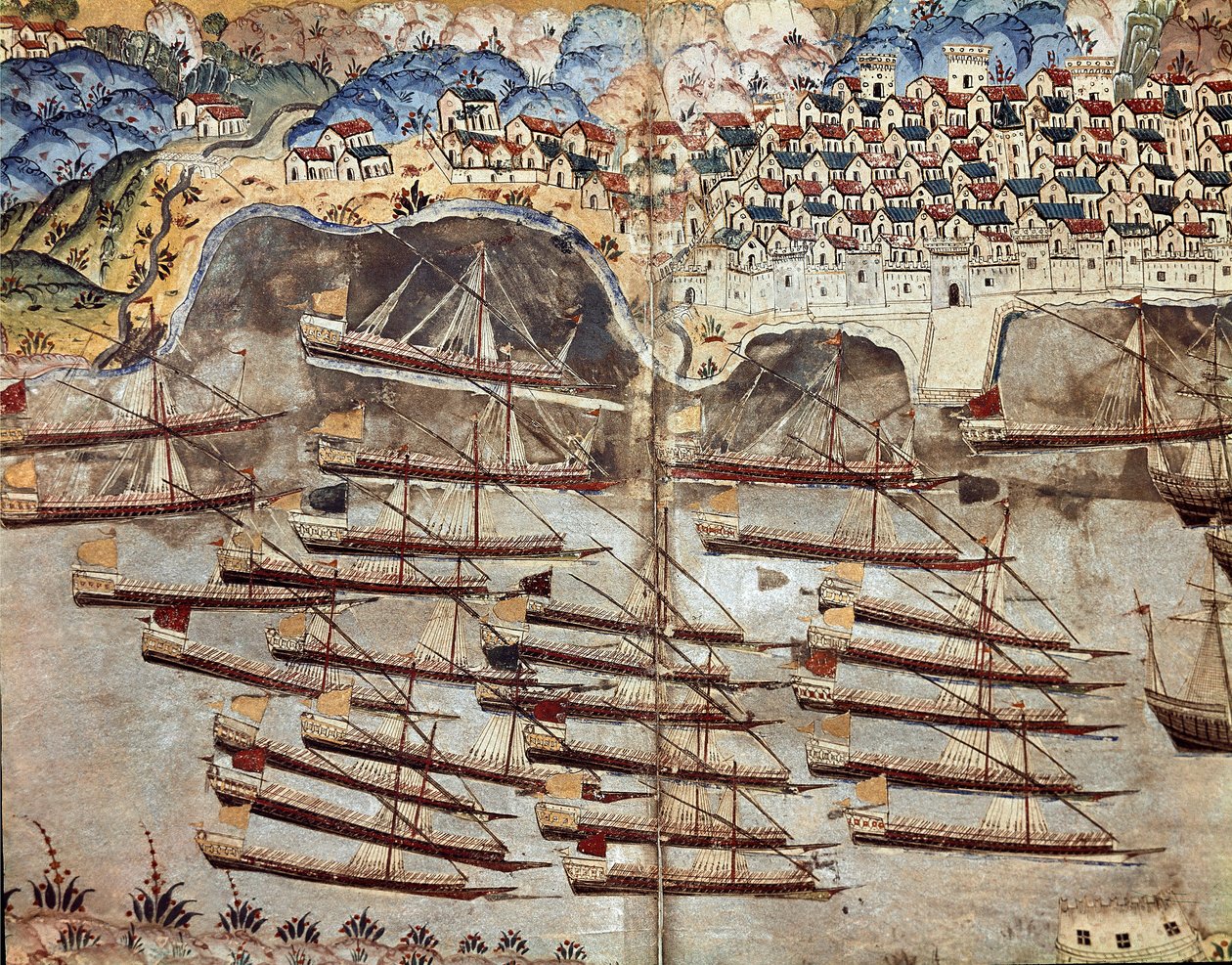 Osmanska riket: representation av Barberossas flotta (Khizir Khayr ad-din (Barbaros Hozor Hayreddin Pasha eller Pasa eller Chair ad Din, Chaireddin eller Cheireddin) (1466-1546), kapare, vänd mot staden Nice. Miniatyr hämtad från 