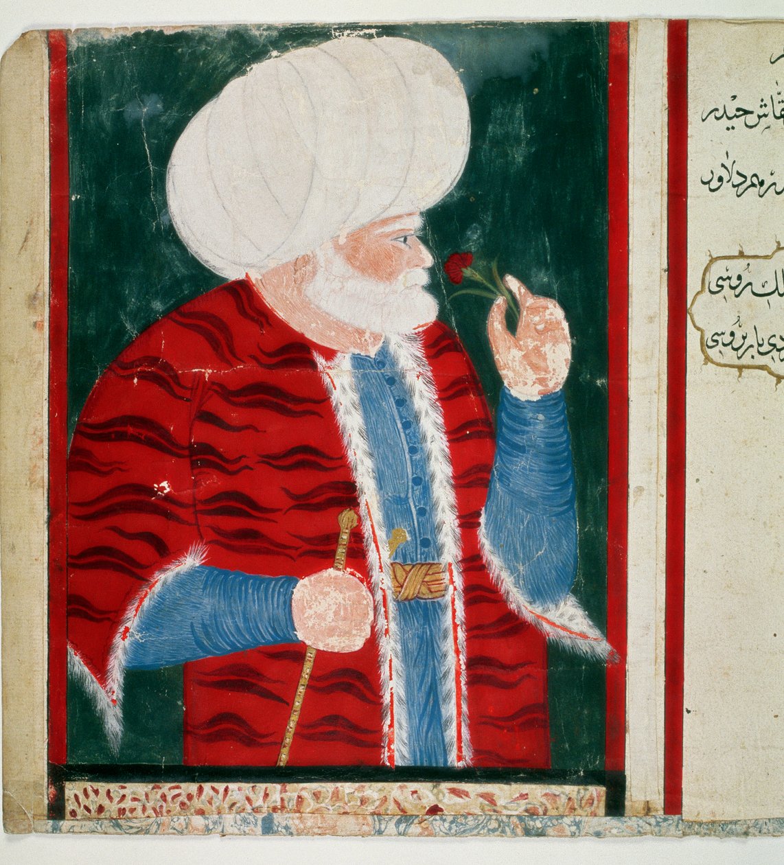Porträtt av Barberose (Khizir Khayr ad-din (Barbaros Hozor Hayreddin Pasha eller Pasa eller Chair ad Din, Chaireddin eller Cheireddin) (1466-1546) Osmanska imperiets storamiral efter en karriär som piratminiatyr från manuskriptet Ms. H. 2134 av Ottoman School