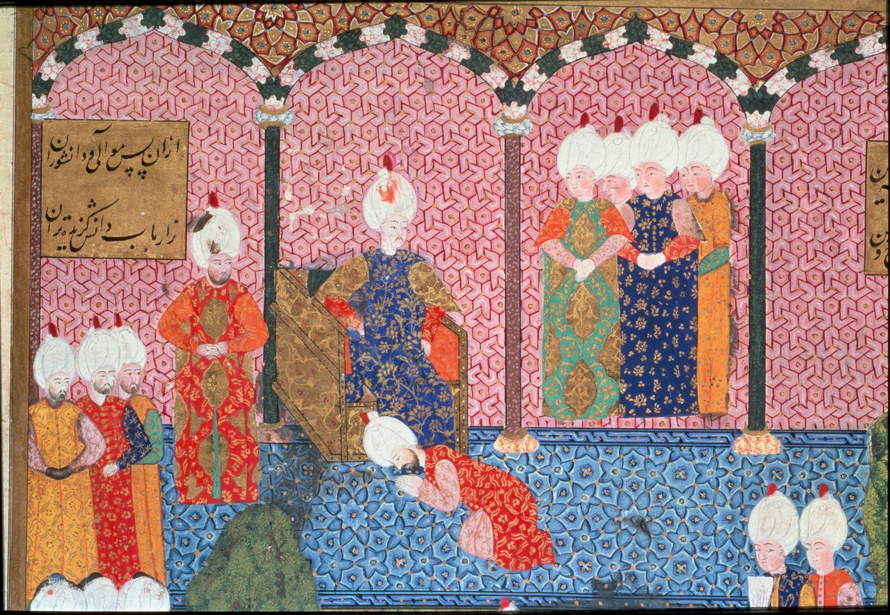 Porträtt av Soliman (Suleyman) I den magnifika (1494-1566), Sultan Ottoman omger sitt hov vid ceremonin för tillträde till trondetaljen. Miniatyr tagen från 