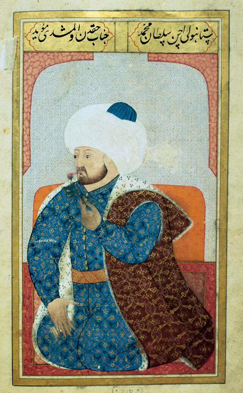Porträtt av sultanen av det osmanska riket Mehet II (Mehmet II erövraren eller Mehmed II Fatih) (1430-1481) Miniatyr från manuskriptet "" Mänsklig fysiognomi (Om ottomanernas personliga dispositioner) av Seyyid Lokman Hussein. (Ms. ty6087 folio av Ottoman School