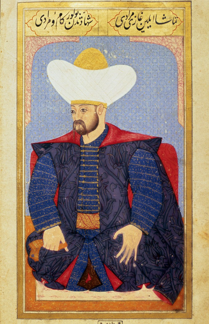 Porträtt av sultanen av det osmanska riket Murad I (1326-1389) Miniatyr från manuskriptet "" Mänsklig fysiognomi (Om personliga arrangemang av ottomanerna) av Seyyid Lokman Hussein. (Ms. ty6087 folio 27b) av Ottoman School