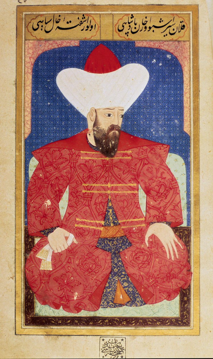 Porträtt av sultanen av det osmanska riket Orhan (Orkhan eller Urchan) I (1281-1360) Miniatyr från manuskriptet "" Mänsklig fysionomi (Om personliga arrangemang av ottomanerna) av Seyyid Lokman Hussein. (Ms. ty6087 folio 25b) av Ottoman School