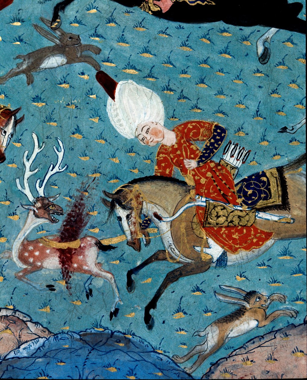 Representation av sultan Murad II (Murat) (1404-1451) hovmän som jagar rådjur och hare Detalj. 1600-tals miniatyr. Istanbul, Topkapi Sarayi Museum Library av Ottoman School
