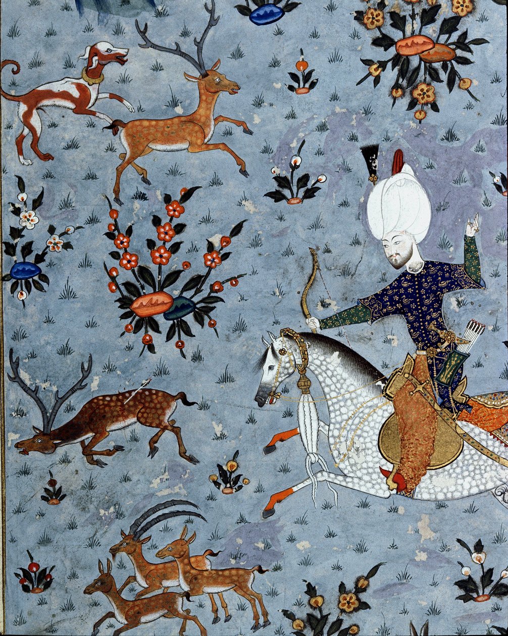 Representation av hovmännen för Sultan Murad II (Murat) (1404-1451) som jagar rådjur Detalj. 1600-tals miniatyr. Istanbul, Topkapi Sarayi Museum Library av Ottoman School