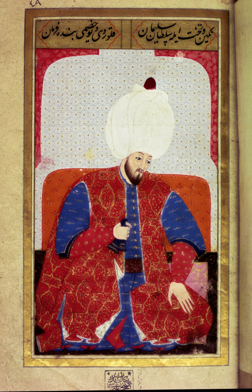 Soliman (Suleyman) I the Magnificent (1494-1566), Sultan Ottoman Miniature från manuskriptet "" Human Physiognomy (Om personliga arrangemang av ottomaner) av Seyyid Lokman Hussein. (Ms. ty6087 folio 27b) av Ottoman School