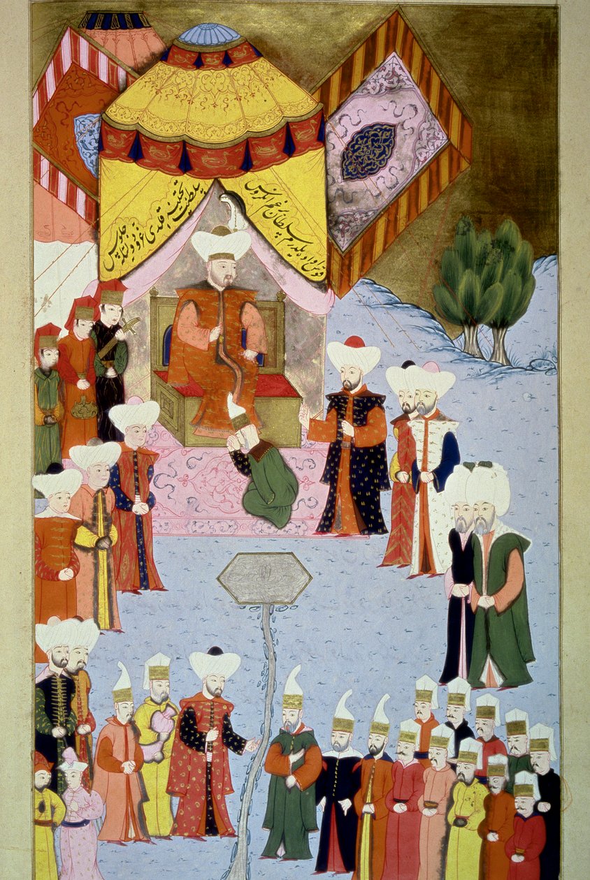Sultan Bayezid (eller Bajazet) I (1360-ca. 1402) har sin miniatyrdomstol från "Hunername" av Lokman, vol. 1 (H 1523, f.7) 1584 Topkapi Sarayi Museum Library Istanbul av Ottoman School
