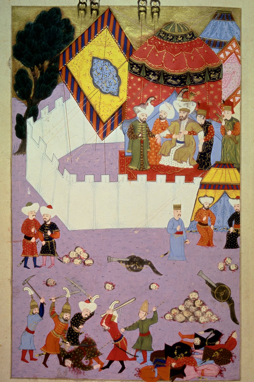 Mordet på Sultan Murad I (1326-1389) av den serbiske riddaren Milos Obilic (Kobilic eller Kobilovic) (död 1389) i slaget vid Kosovo efter ottomanernas seger över serbernas miniatyr från Lokmans "Hunername", vol. 1 (H 1523, f.7) 1584 Till av Ottoman School
