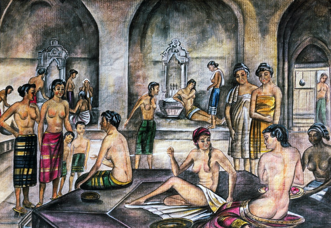 Turkiskt bad, akvarell, osmansk civilisation av Ottoman School
