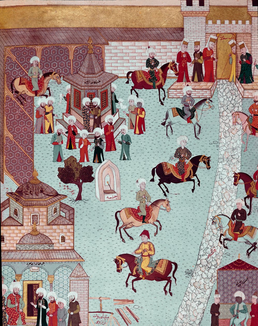 Utsikt över kyrkan St. Irene (Saint Irene), porten till Serail och sultanpalatset i Konstantinopel Miniatyr av 1600-talet. Topkapi Sarayi Istanbul av Ottoman School