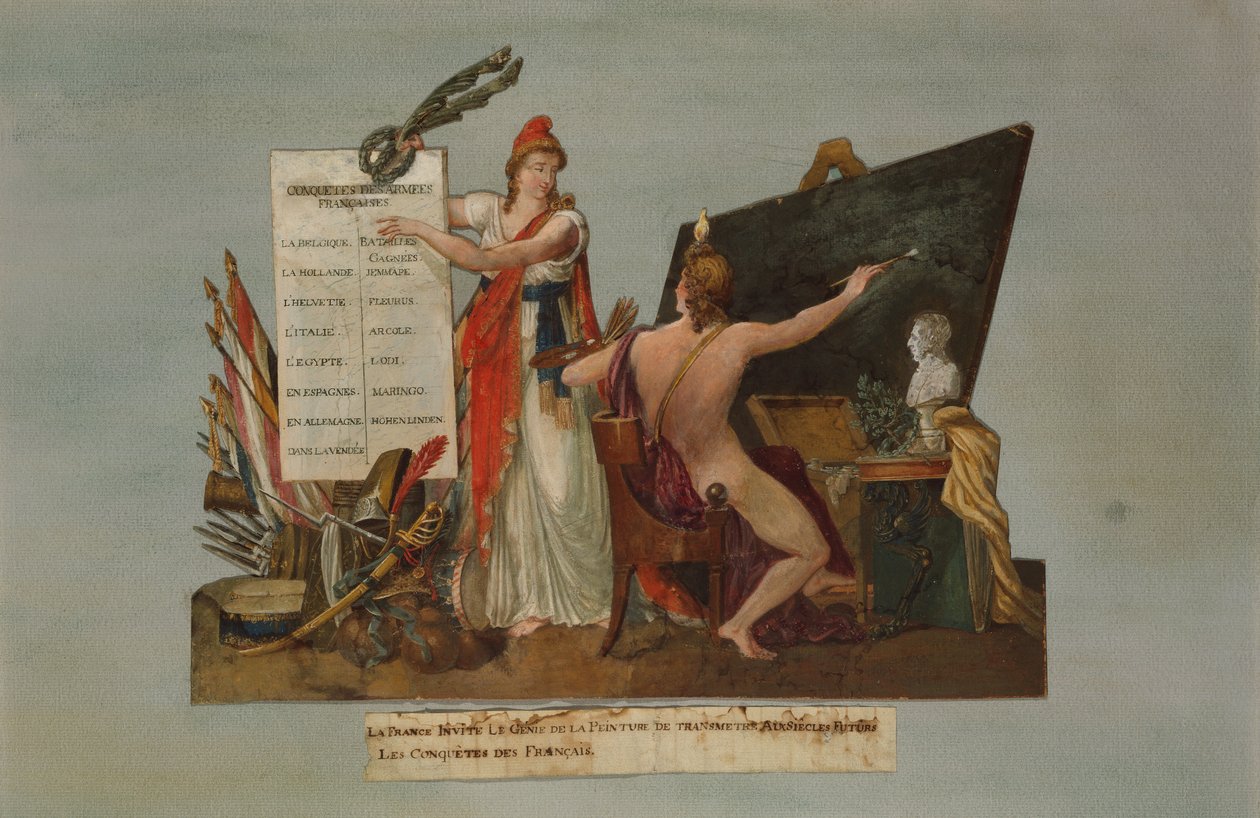 Frankrike bjuder in måleriets geni att till kommande generationer överföra historien om franska erövringar och sina arméers segrar, ca 1800 (gouache) av P. A. and J.B. Lesueur