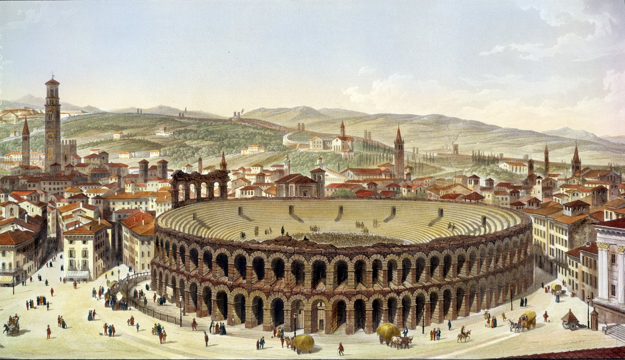 Utsikt över den romerska amfiteatern, Verona, graverad av L. Cherbuin (färgstick) (detalj fo 130087) av P. Majocchi