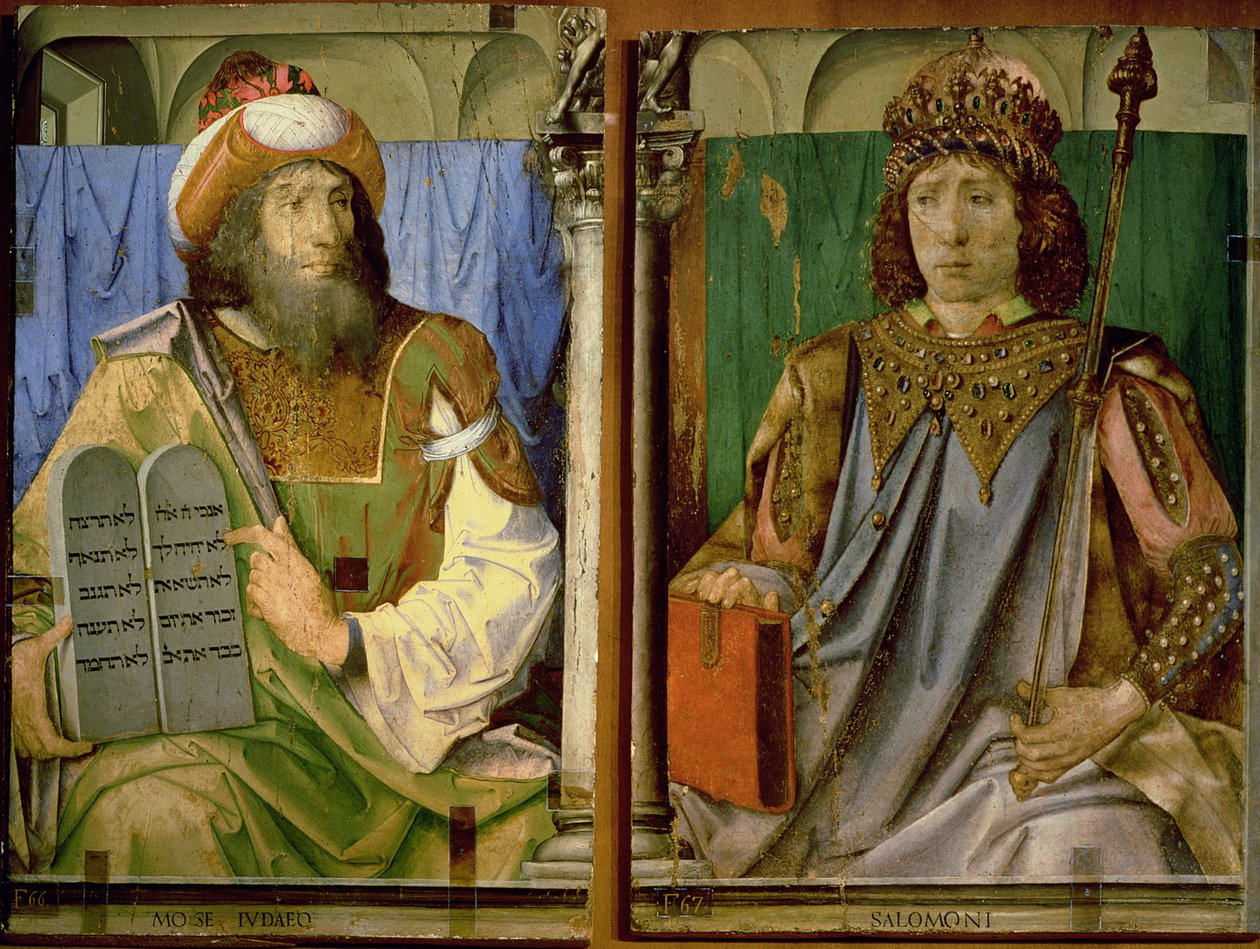 Moses med de tio budorden och Salomo, från en serie porträtt av berömda män av P. Joos van Gent and Berruguete