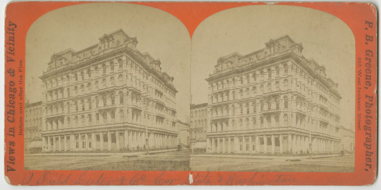 Field, Leiter & Company butik i hörnet av State och Washington Streets, Chicago, ca 1869 av P.B. Greene