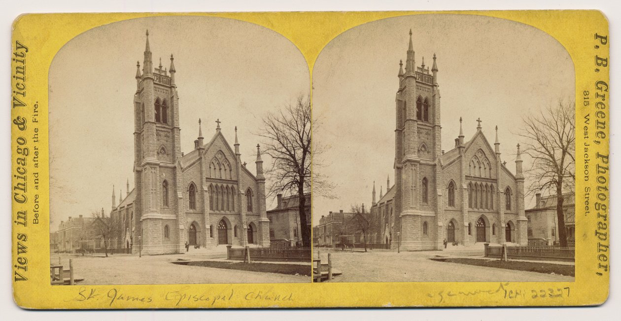 Stereograf av St. James Episcopal Church före branden i Chicago 1871, 1871 (bw-foto på kortfäste) av P.B. Greene