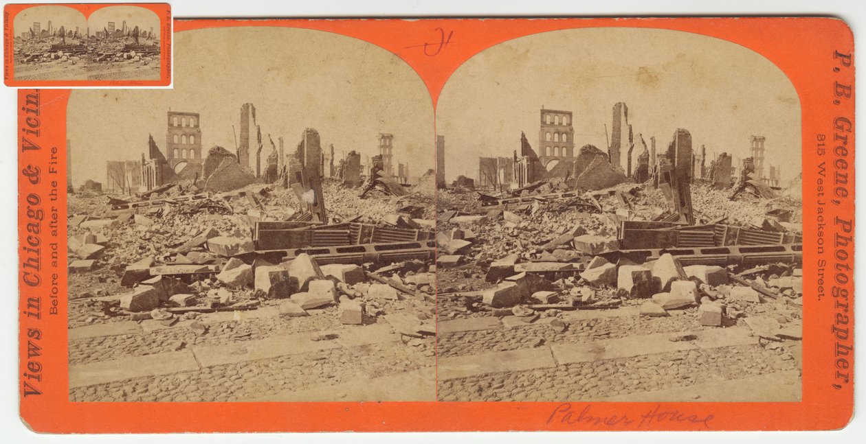 Stereograf av Palmer House efter branden i Chicago 1871, 1871 (bw-foto på kortfäste) av P.B. Greene