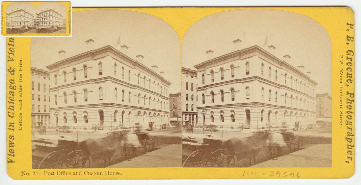 Stereograf av postkontoret och Custom House före branden i Chicago 1871, 1871 (bw-foto på kortfäste) av P.B. Greene