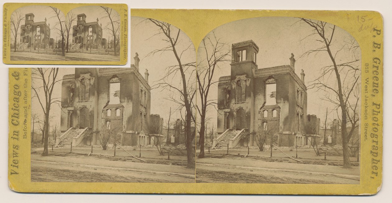Stereograf av Rumsey-huset efter branden i Chicago 1871, 1871 (bw-foto på kortfäste) av P.B. Greene