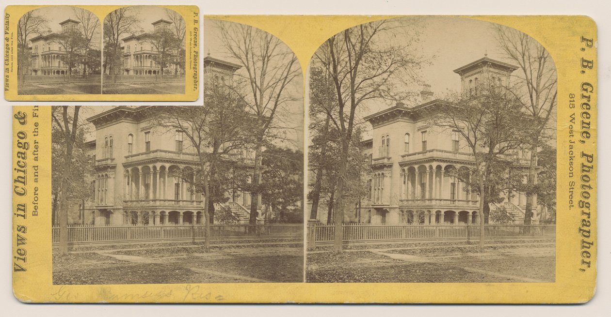Stereograf av Rumsey-huset före branden i Chicago 1871, 1871 (bw-foto på kortfäste) av P.B. Greene