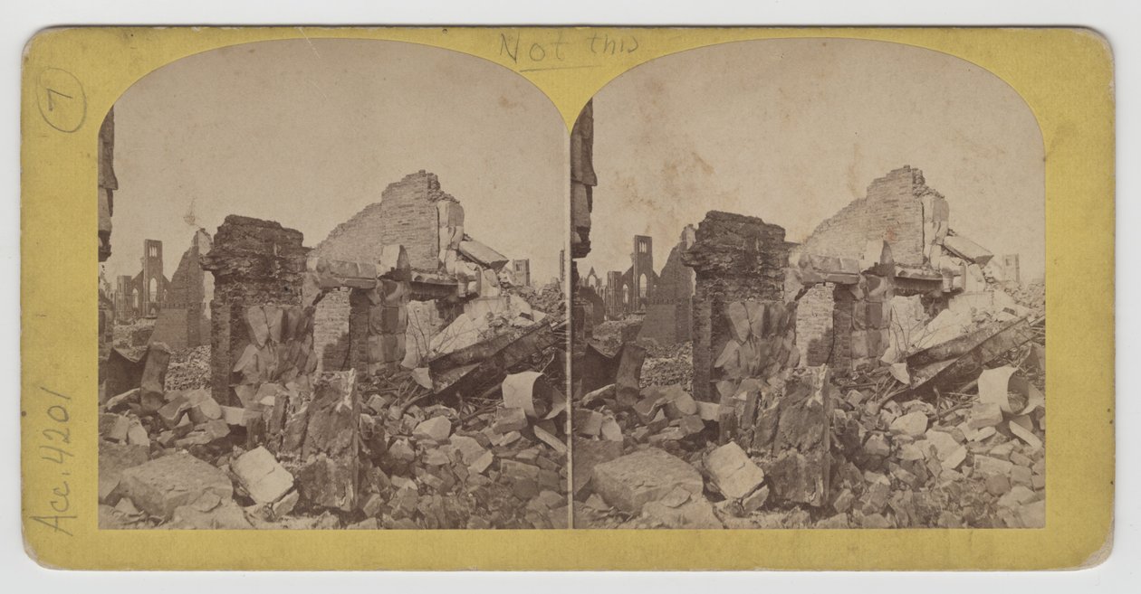 Stereografvy av Terrace Block på Michigan Avenue efter branden i Chicago 1871 av P.B. Greene