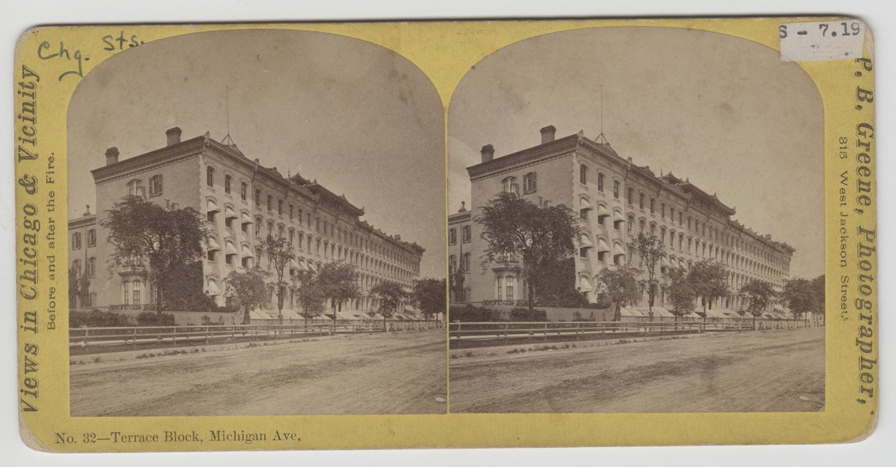 Stereografvy av Terrace Block på Michigan Avenue före branden i Chicago 1871 av P.B. Greene