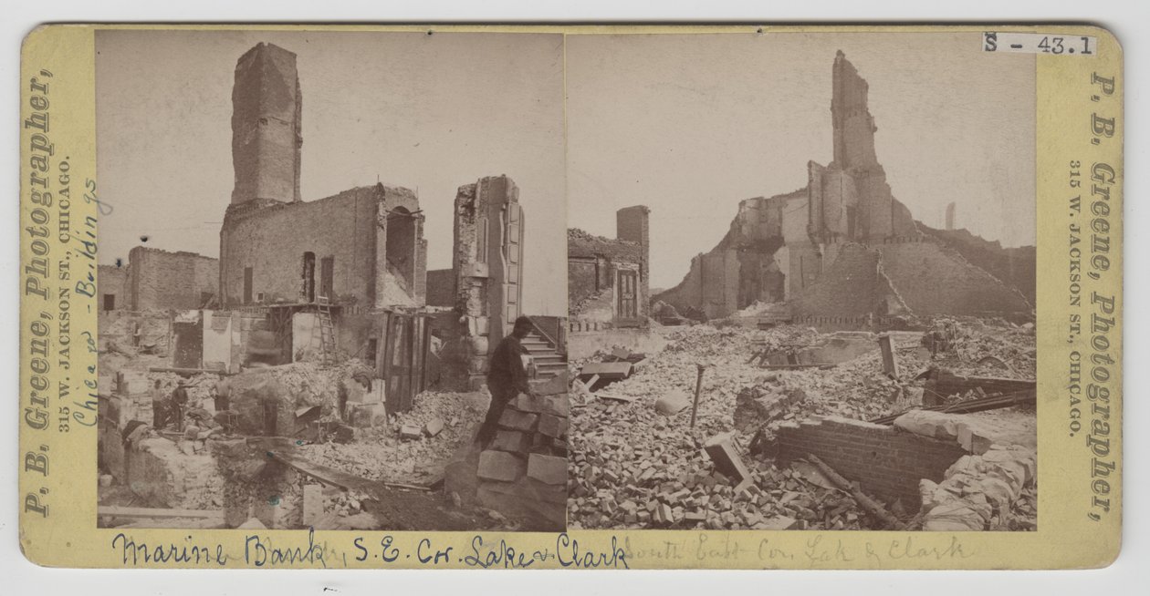 Utsikt över Marine Bank efter branden i Chicago 1871 av P.B. Greene