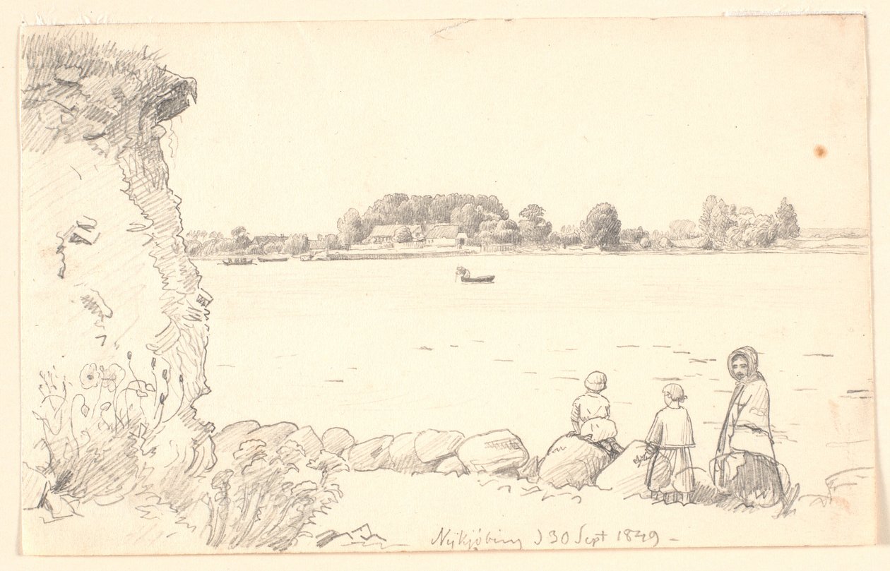 En dam och två barn vid Guldborgsund. Nykøbing Falster. av P.C. Skovgaard