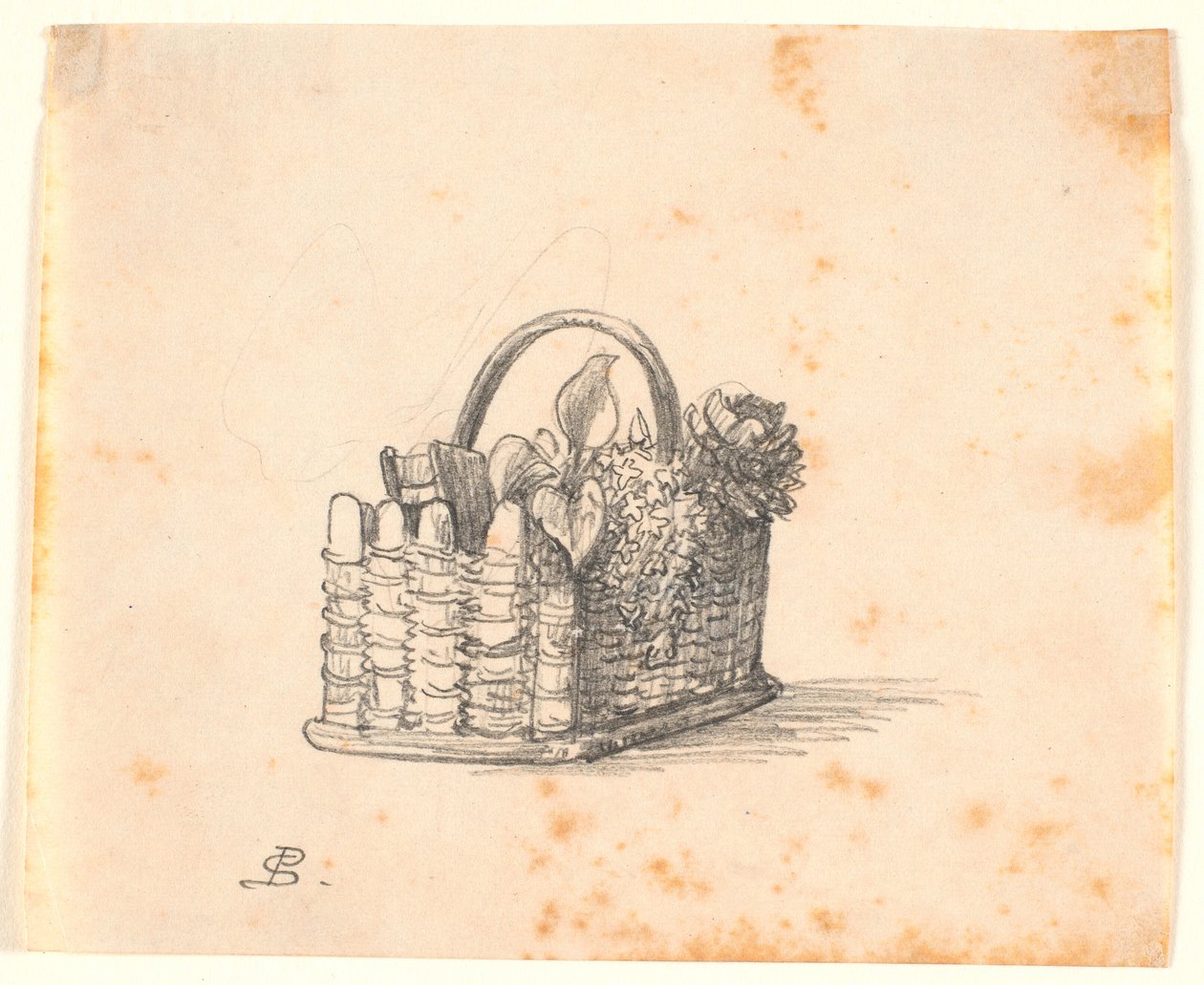 En flätad korg med växter och en bok. av P.C. Skovgaard