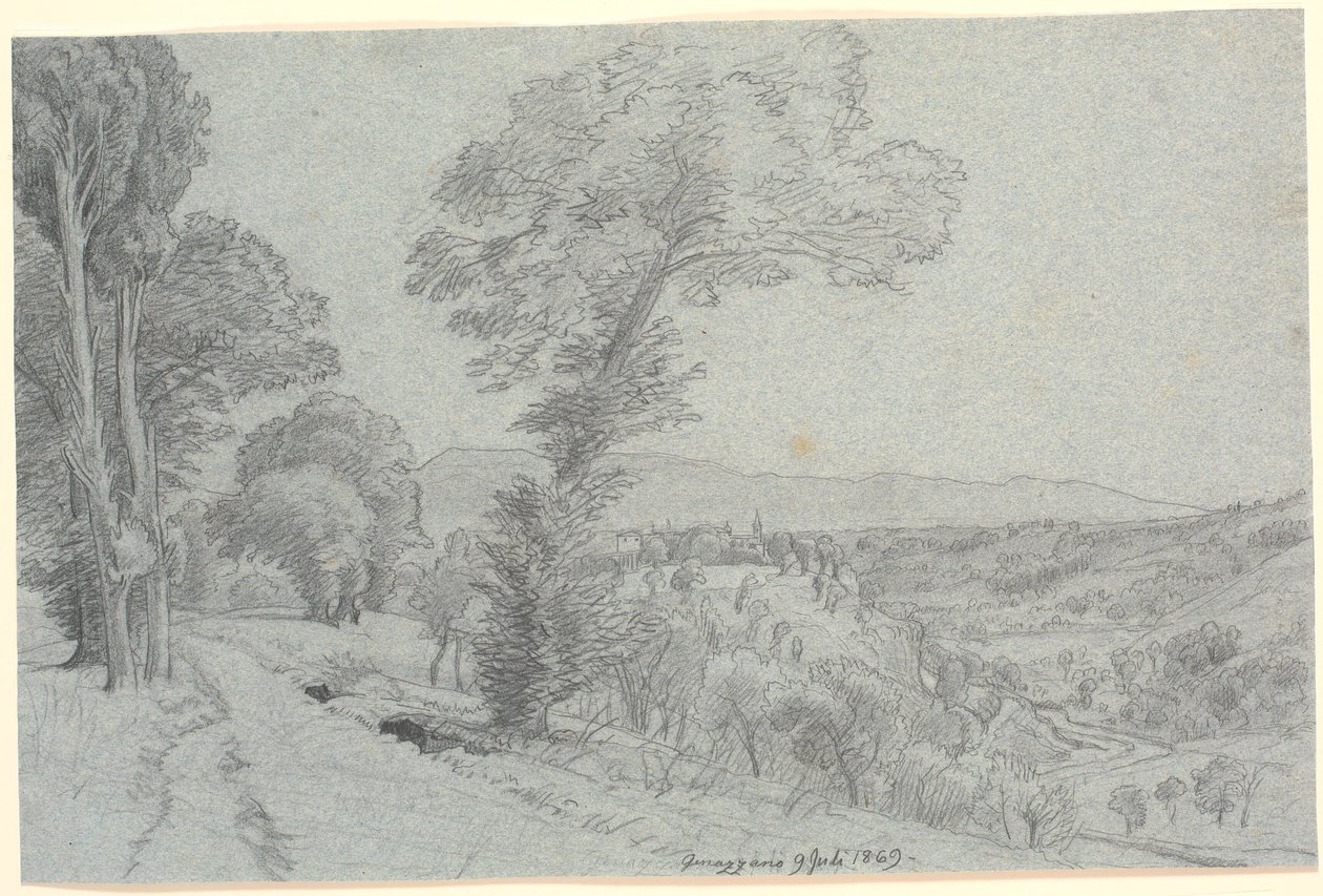 Italienskt bergslandskap med utsikt mot "Genazzano 9 Juli 1869.". av P.C. Skovgaard