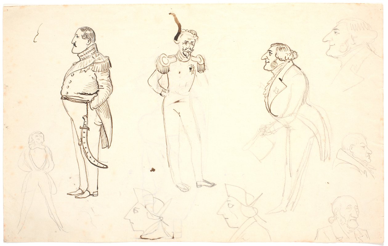 Karikatyr av Frederik VII med flera, bl.a. Grundtvig, troligen Orla Lehmann m.fl. av P.C. Skovgaard