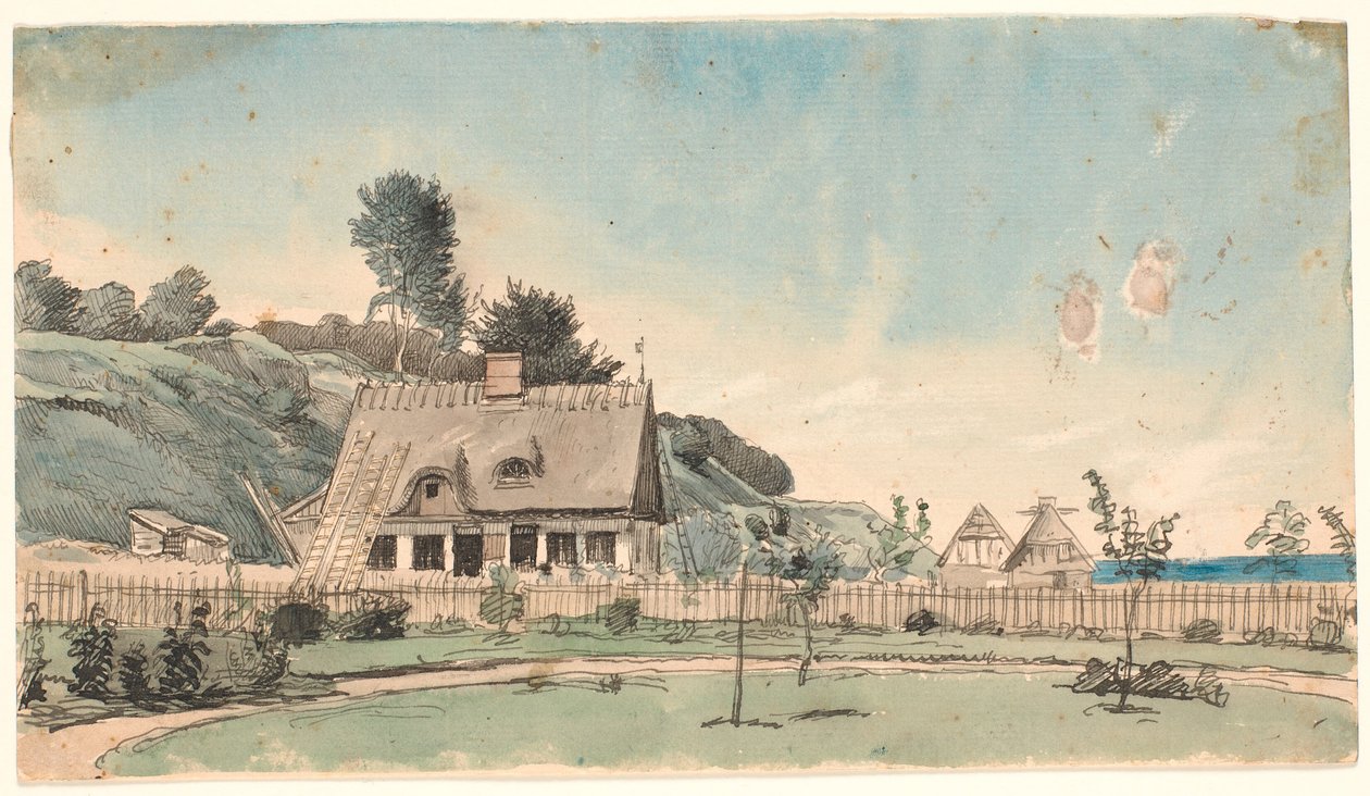 Kustlandskap med hus med halmtak. av P.C. Skovgaard